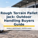 Rough terrain pallet jack with large pneumatic tires on gravel outside a warehouse loading dock