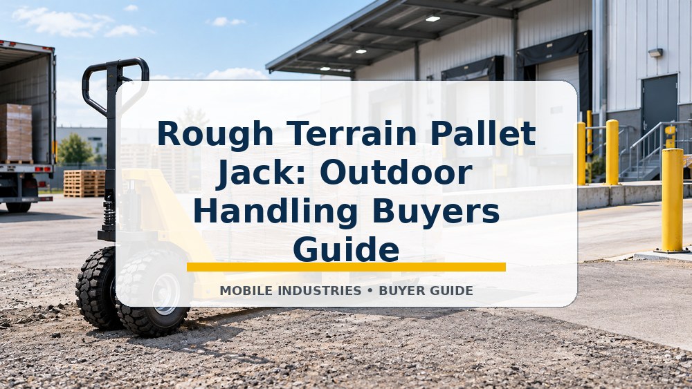 Rough terrain pallet jack with large pneumatic tires on gravel outside a warehouse loading dock