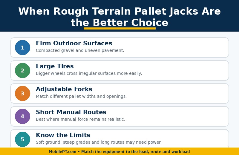 When rough terrain pallet jacks are the better choice: firm outdoor surfaces, large tires, adjustable forks, short manual routes, and knowing the limits